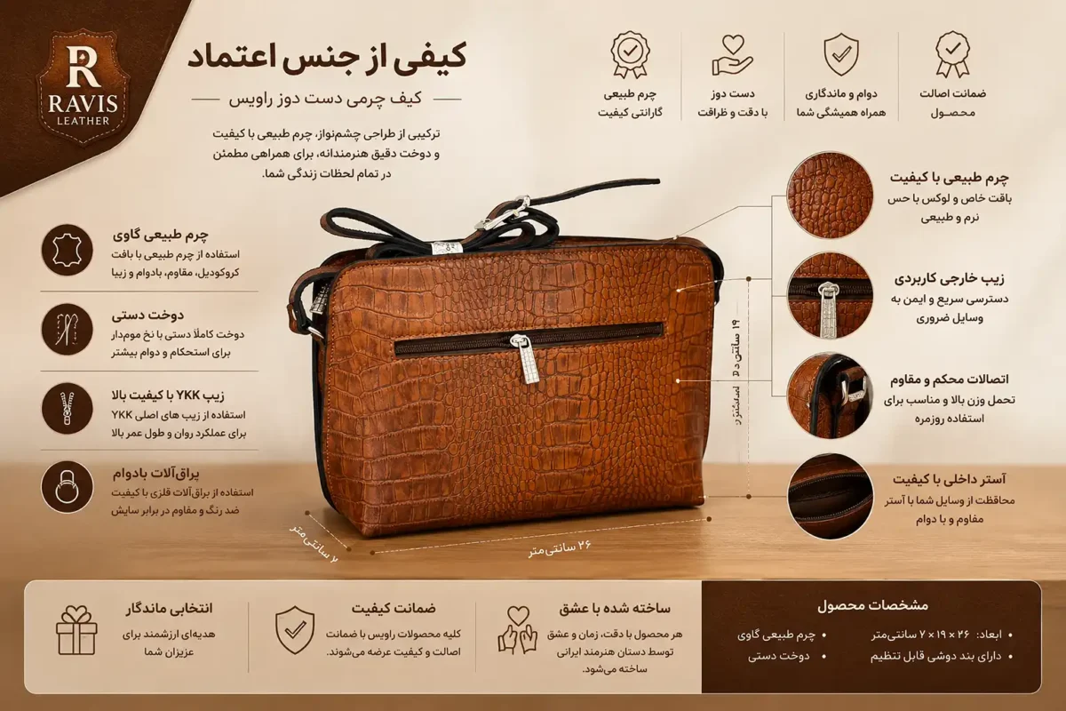 کیف دوشی زنانه چرم طبیعی جلو دوخت قهوه‌ای