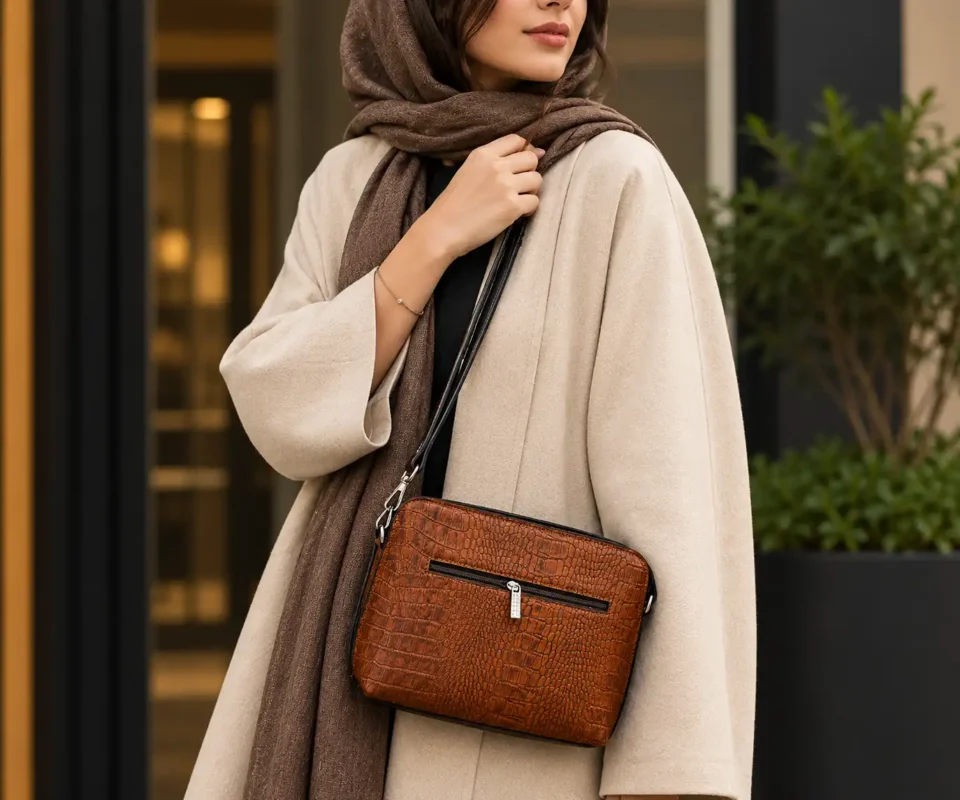 نمای جلوی کیف چرمی زنانه مدل جلو دوخت قهوه‌ای
