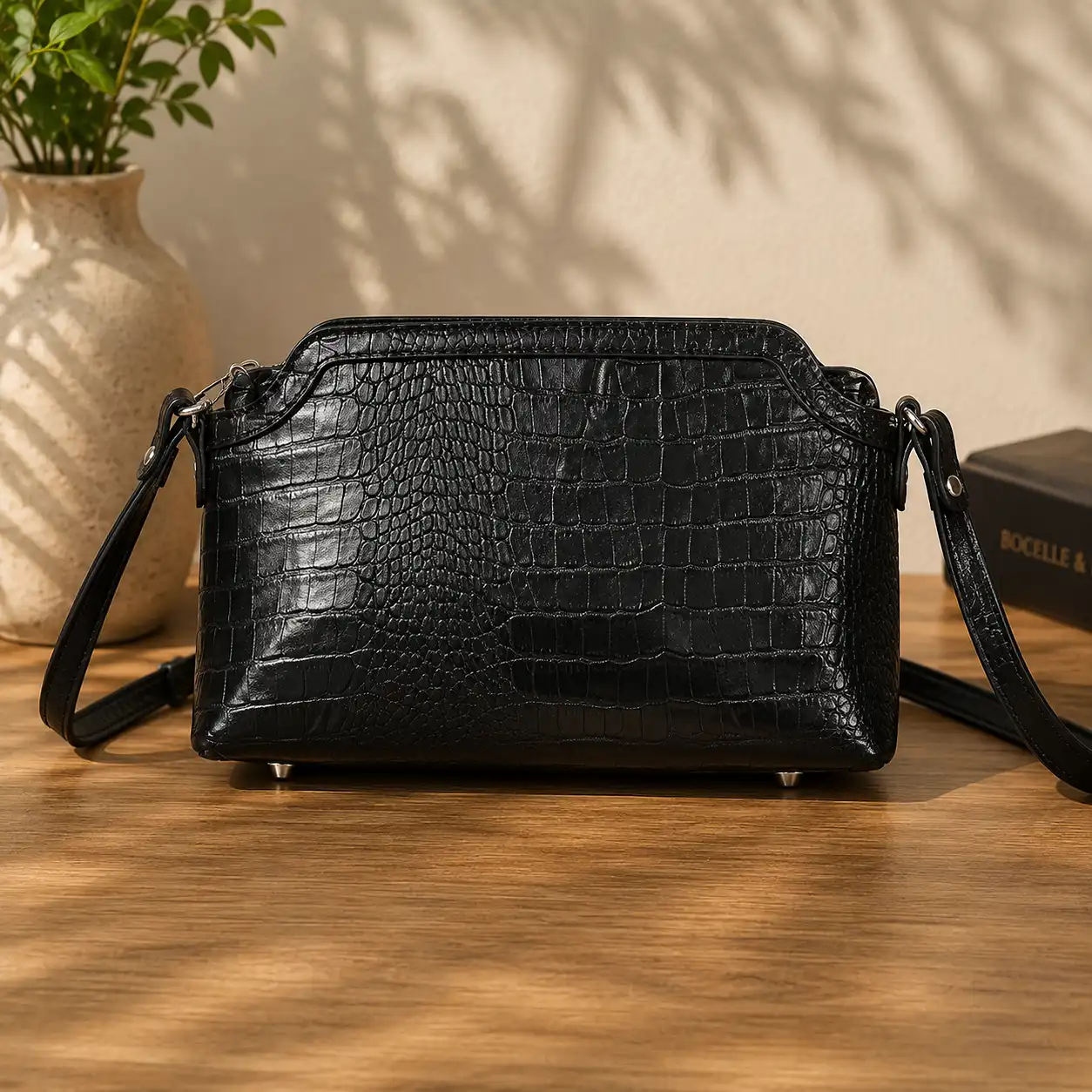17096c9c-fc88-4834-84d0-68f67103e5bf کیف دوشی چرم مشکی آیسان دستدوز با بند قابل تنظیم راویس
